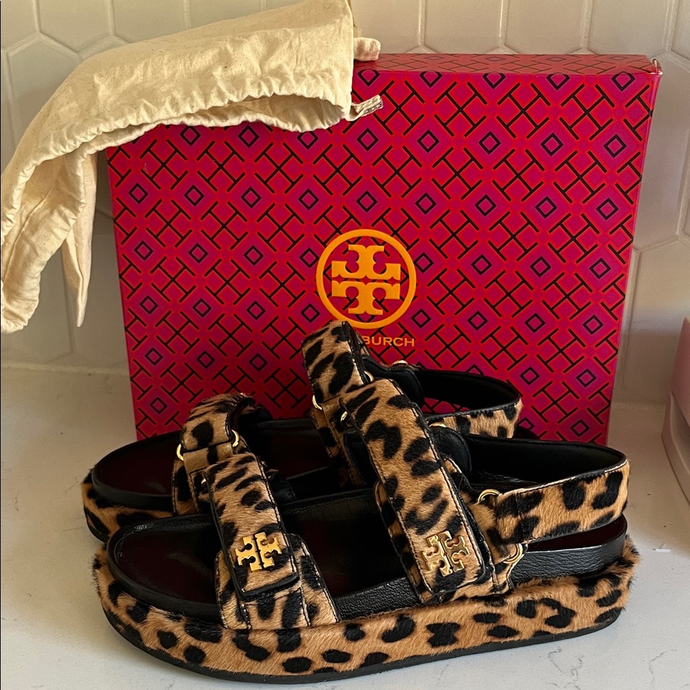 Tory Burch Leopard Print Sandals with Gold Accents